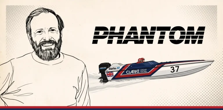 Illustration of Phantom Boats founder Steve Baker beside the Phantom logo and an offshore race boat