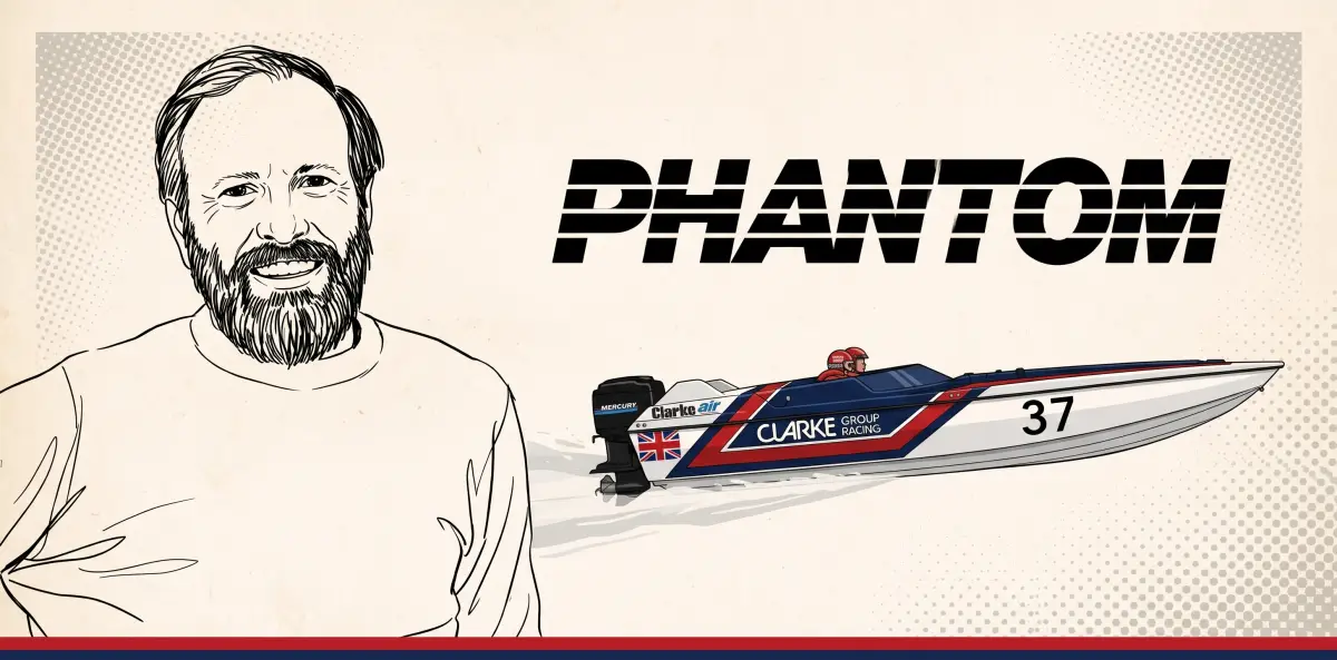 Illustration of Phantom Boats founder Steve Baker beside the Phantom logo and an offshore race boat