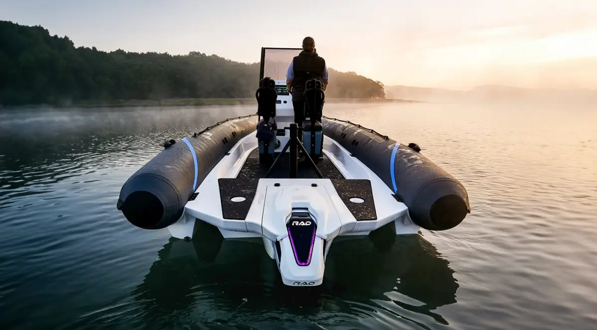 Rigid inflatable boat on calm water at dawn, powered by a RAD 40 electric outboard