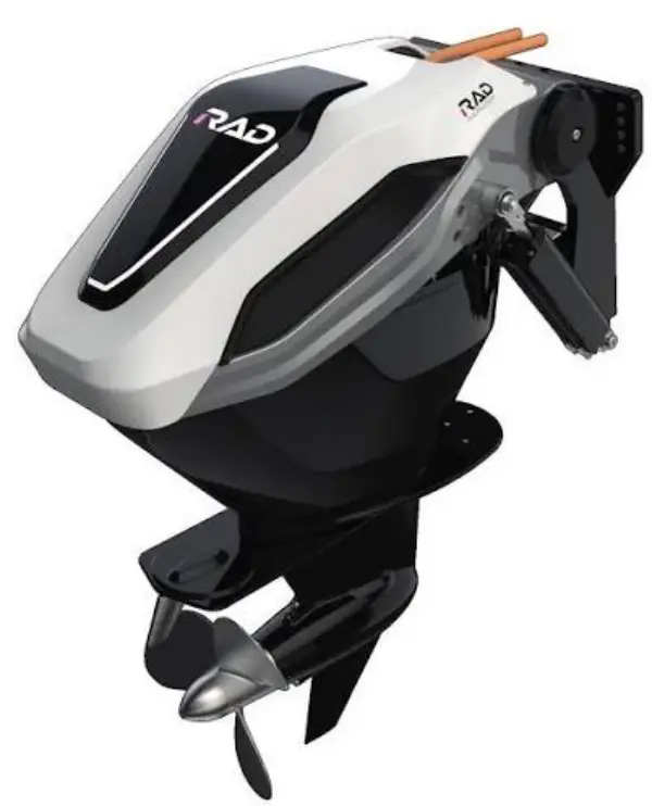 RAD 40 electric outboard with white cowling, integrated steering leg and propeller