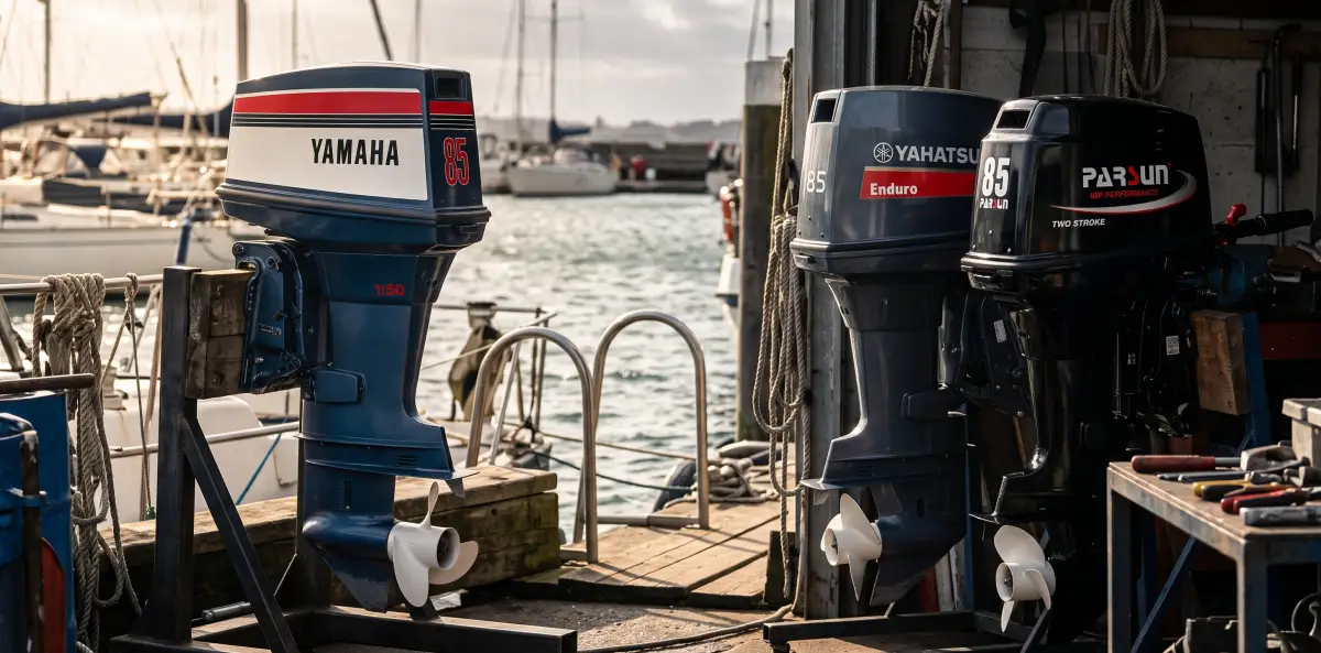 Yamaha 85A outboard alongside Yahatsu and Parsun 85hp two-stroke outboards on a dock