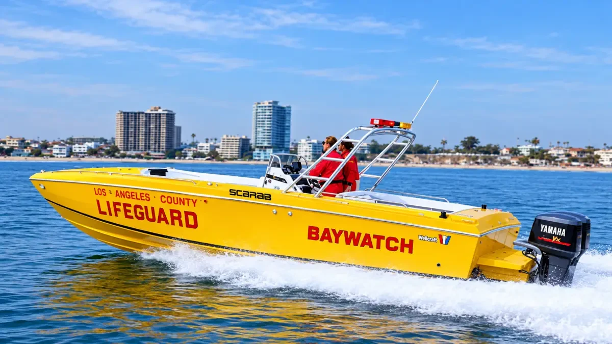 AI-generated illustration of a yellow Scarab lifeguard speedboat in Baywatch livery