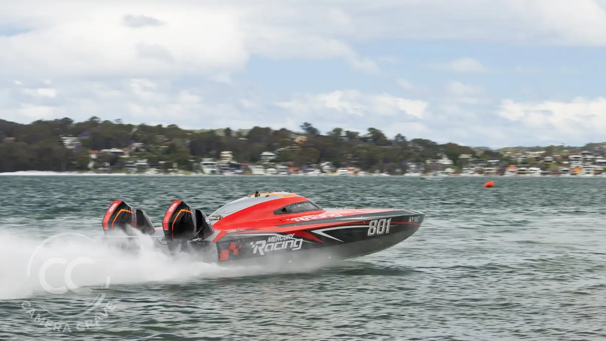 Boat 801 racing at Lake Macquarie during Round 1 of the 2026/27 Australian Offshore Superboat Championships