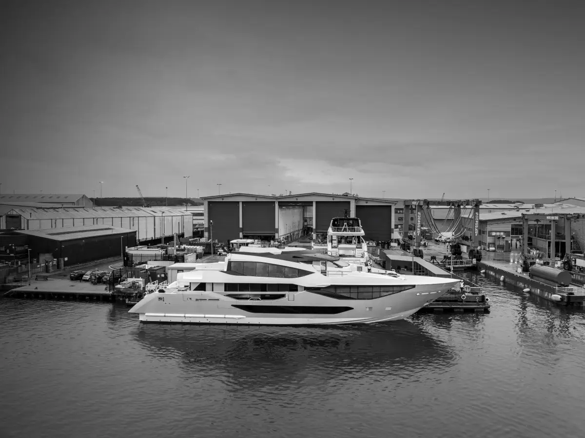Sunseeker 134 Superyacht moored outside Sunseeker's superyacht facility in Poole