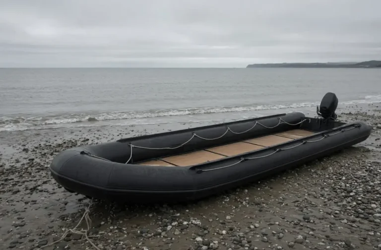 AI-generated illustration of a black inflatable boat with an outboard engine on a shingle beach under an overcast sky