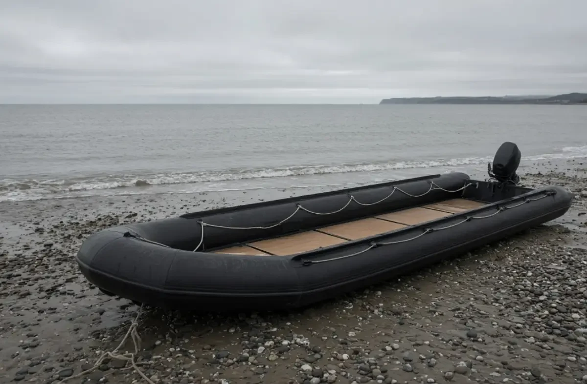AI-generated illustration of a black inflatable boat with an outboard engine on a shingle beach under an overcast sky
