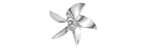 Polished five-bladed stainless steel propeller on a white background