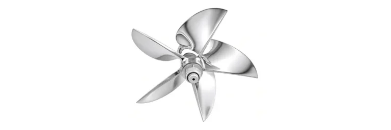 Polished five-bladed stainless steel propeller on a white background