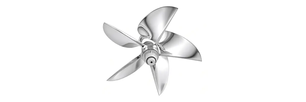 Polished five-bladed stainless steel propeller on a white background