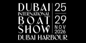 Dubai International Boat Show logo with dates 25 to 29 November 2026 at Dubai Harbour