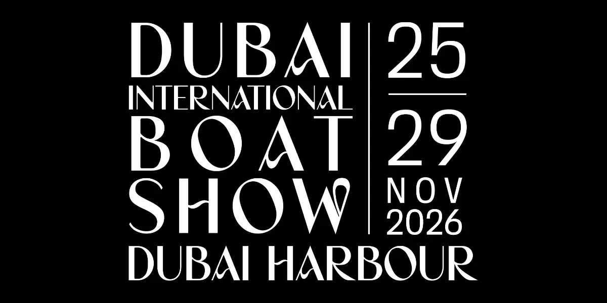 Dubai International Boat Show logo with dates 25 to 29 November 2026 at Dubai Harbour