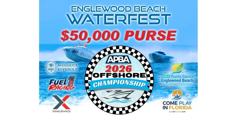 Englewood Beach Waterfest 2026 APBA Offshore Championship graphic announcing a 50,000 dollar purse, with presenting sponsor logos