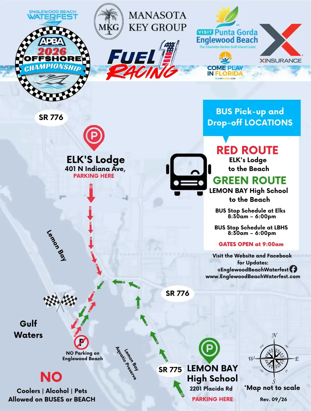 Englewood Beach Waterfest 2026 parking and bus route map showing Elks Lodge red route and Lemon Bay High School green route to Englewood Beach