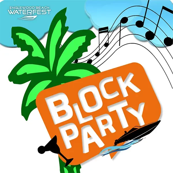 Englewood Beach Waterfest Block Party graphic with palm tree, music notes and powerboat