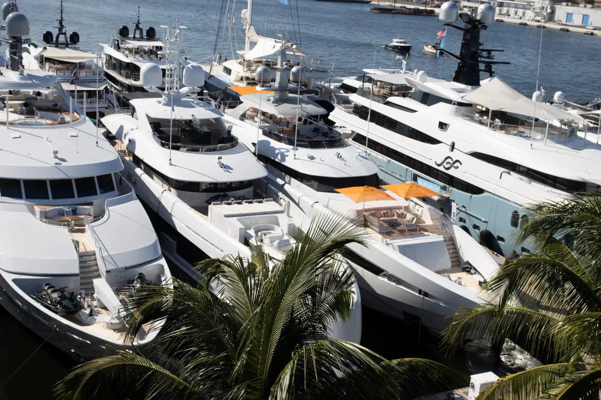 Superyachts moored side by side at the Fort Lauderdale International Boat Show
