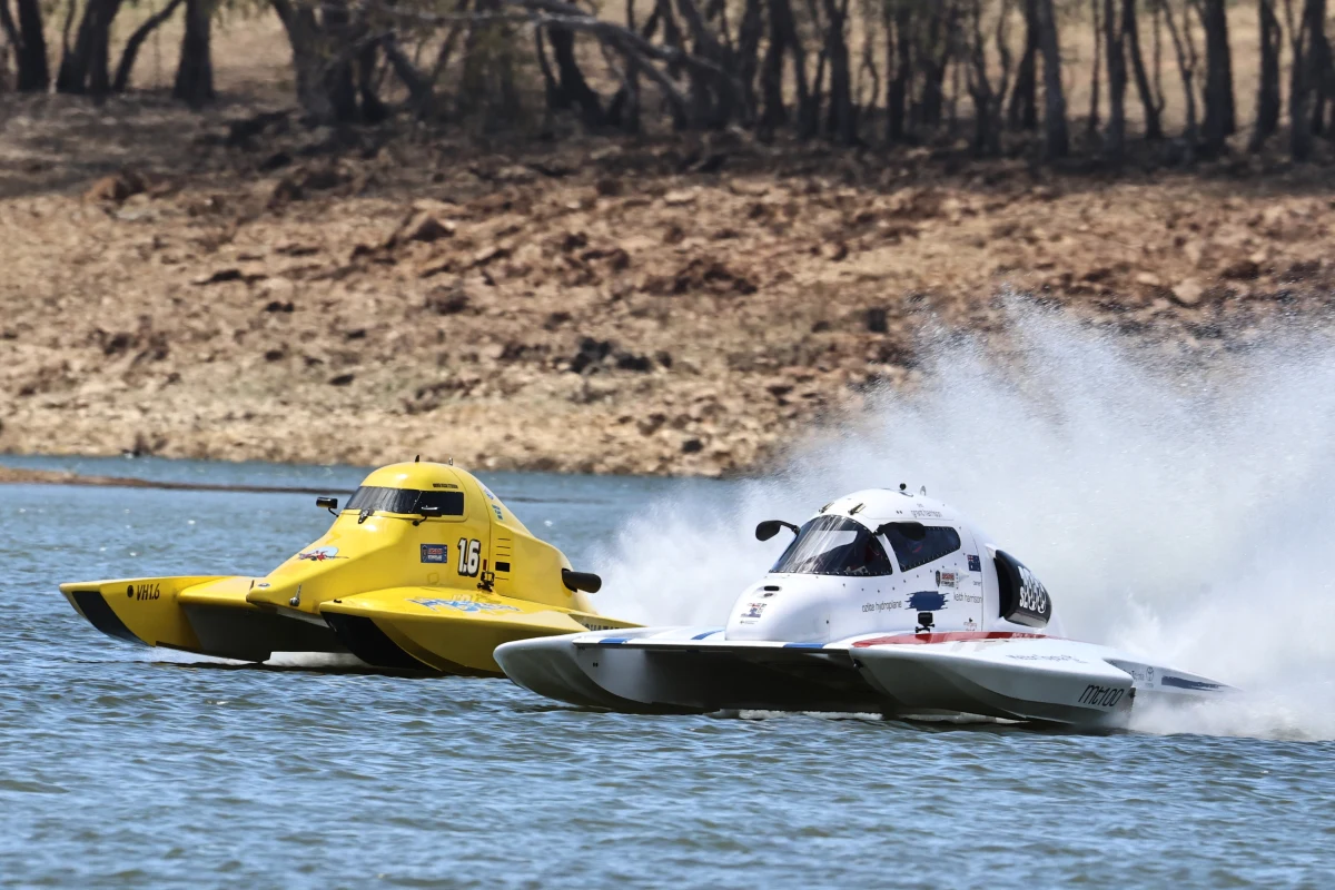 Grant Harrison in the white Melton Toyota OzLites hydroplane alongside Oscar Stevenson in the yellow HBR Racing boat at Lake Eppalock in January 2026