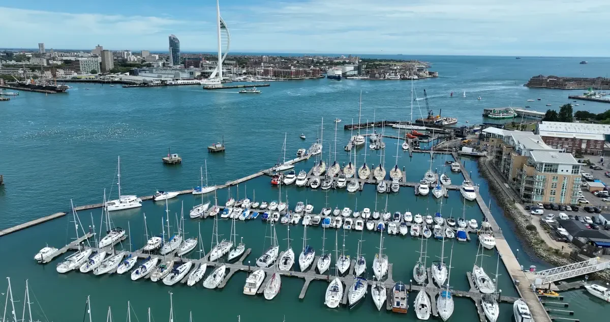 Aerial view of Gosport Marina looking across Portsmouth Harbour towards the Spinnaker Tower