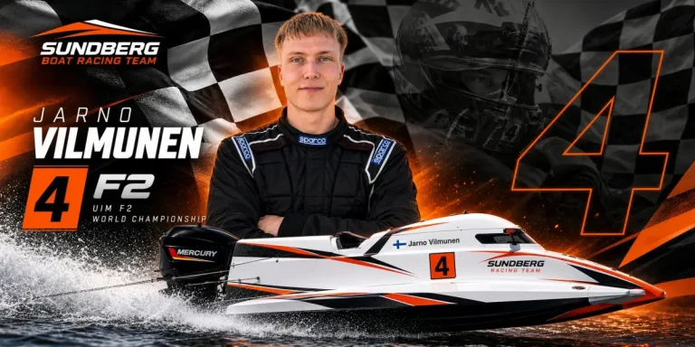 Jarno Vilmunen in the Sundberg Boat Racing Team graphic with his number 4 UIM F2 boat
