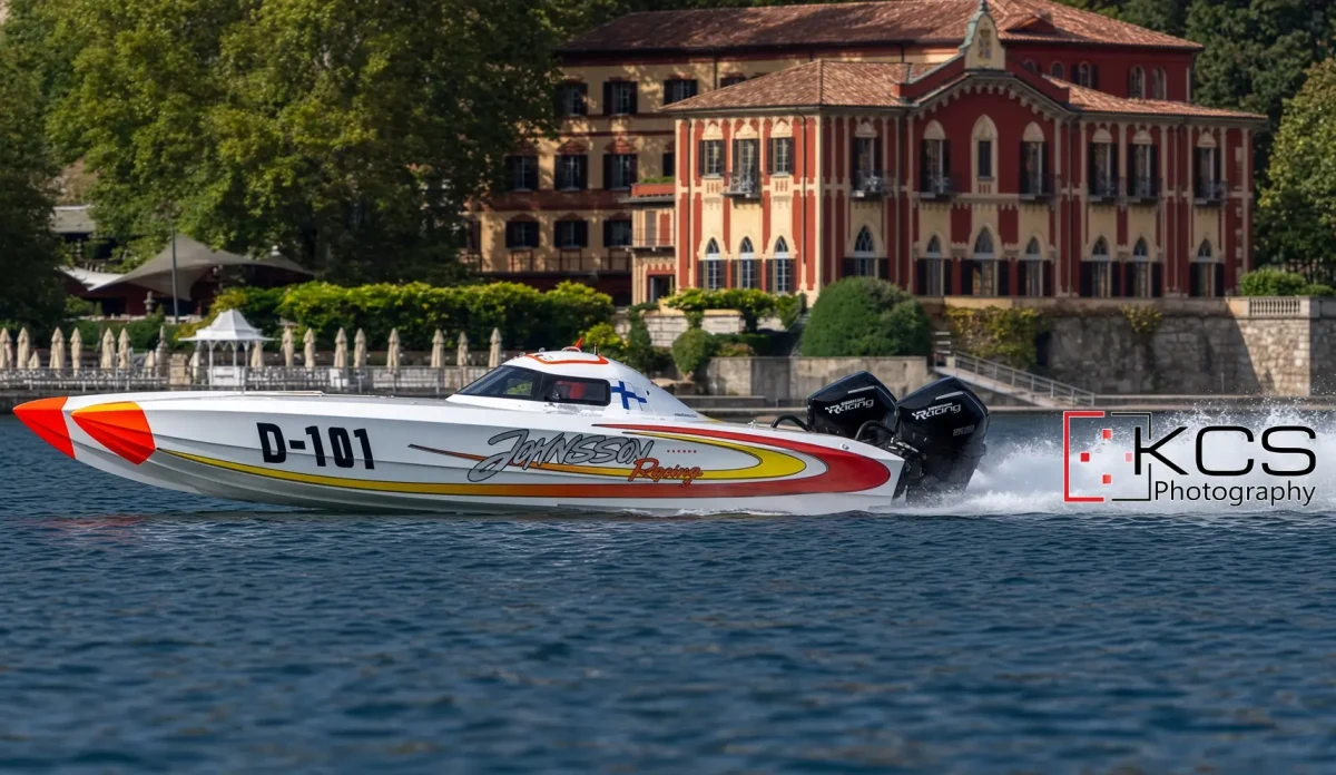 D101 Johnsson Racing, the Finnish boat of Marcus Johnsson and Jussi Myllymaki, racing on Lake Como