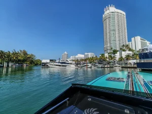 Yachts moored at the Miami Beach Yacht Collection on Indian Creek, Collins Avenue, during the 2026 Miami International Boat Show