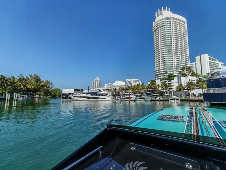Yachts moored at the Miami Beach Yacht Collection on Indian Creek, Collins Avenue, during the 2026 Miami International Boat Show