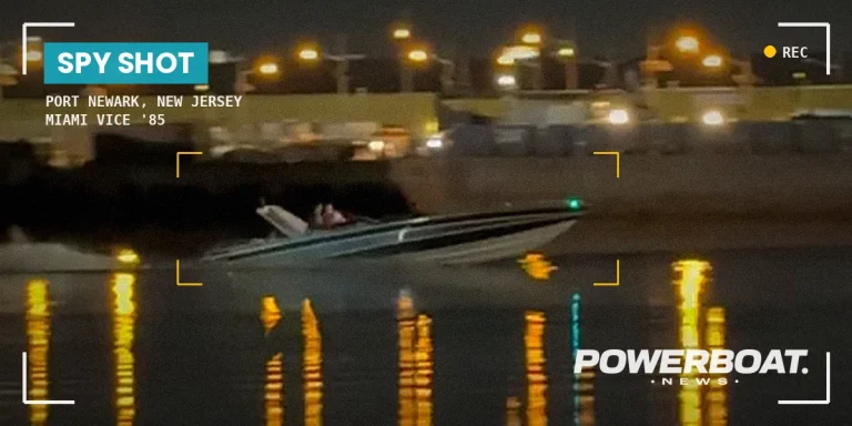 Spy shot of Gus Morales's Wellcraft Scarab Vicious running at night at Port Newark, New Jersey, during filming for Miami Vice '85