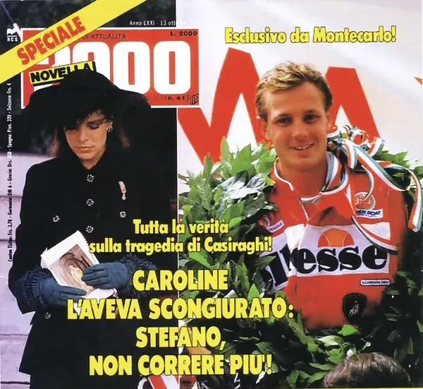 Cover of Italian magazine Novella 2000, 13 October 1990, reporting on the death of Stefano Casiraghi