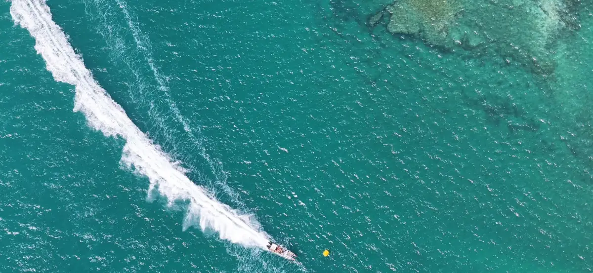 Aerial view of a raceboat on the NZOPA Gulf Harbour course, October 2026