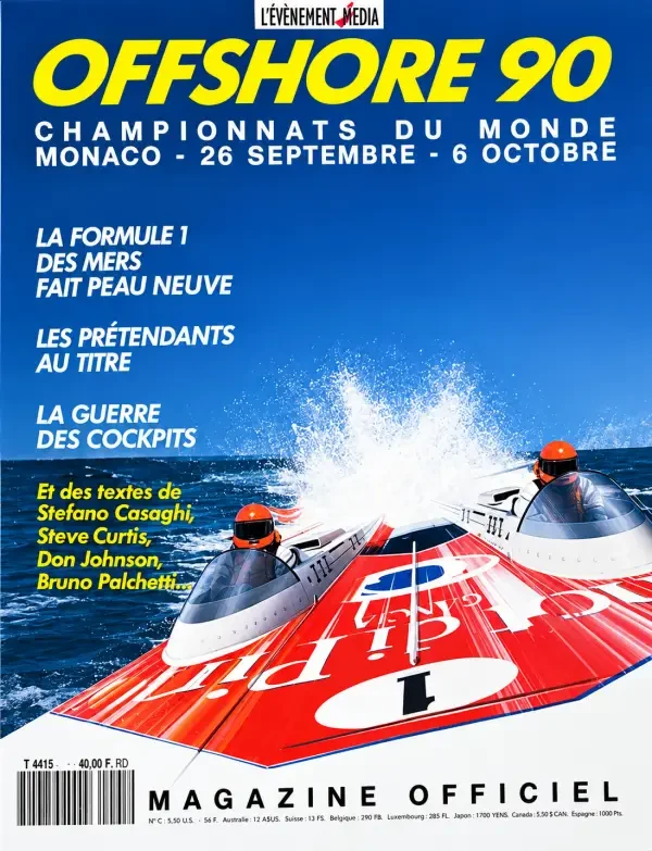 Cover of Offshore 90, the official magazine of the 1990 World Offshore Championship in Monaco, showing Pinot di Pinot, race number 1, at speed