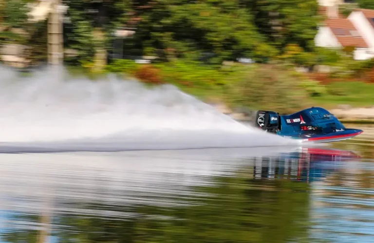 PePHyT electric hydroplane at speed on the Canal de Caen during its Circuit Outright Electric world record run, September 2026