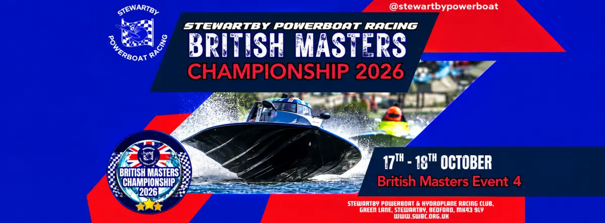 Stewartby Powerboat Racing British Masters Championship 2026 banner for the 17-18 October event at Stewartby Lake