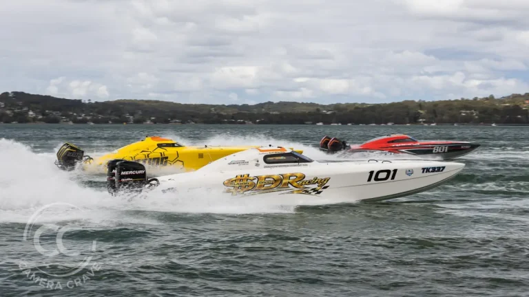 Sugar Daddy Racing 101 leads The Sting and boat 801 at Lake Macquarie, Round 1 of the 2026/27 Australian Offshore Superboat Championships