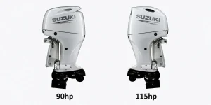 Suzuki DF90 and DF115 four-stroke outboards fitted with SEI jet drive pumps, shown side by side