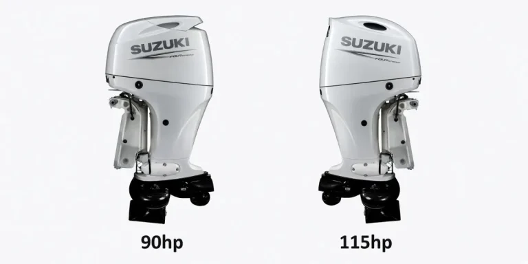 Suzuki DF90 and DF115 four-stroke outboards fitted with SEI jet drive pumps, shown side by side