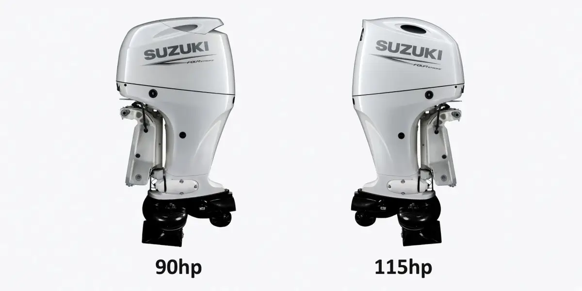 Suzuki DF90 and DF115 four-stroke outboards fitted with SEI jet drive pumps, shown side by side