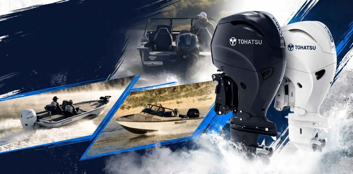 Tohatsu MFS150A 150hp four-stroke outboards in two colours, with boats powered by the engine