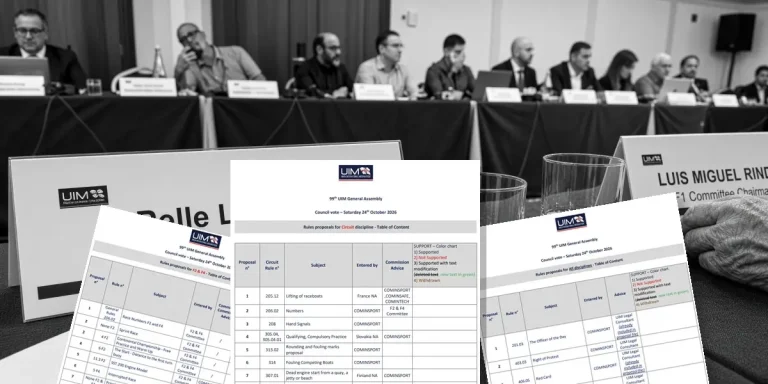 UIM Council vote rules proposals documents in front of the 99th UIM General Assembly top table in Sintra
