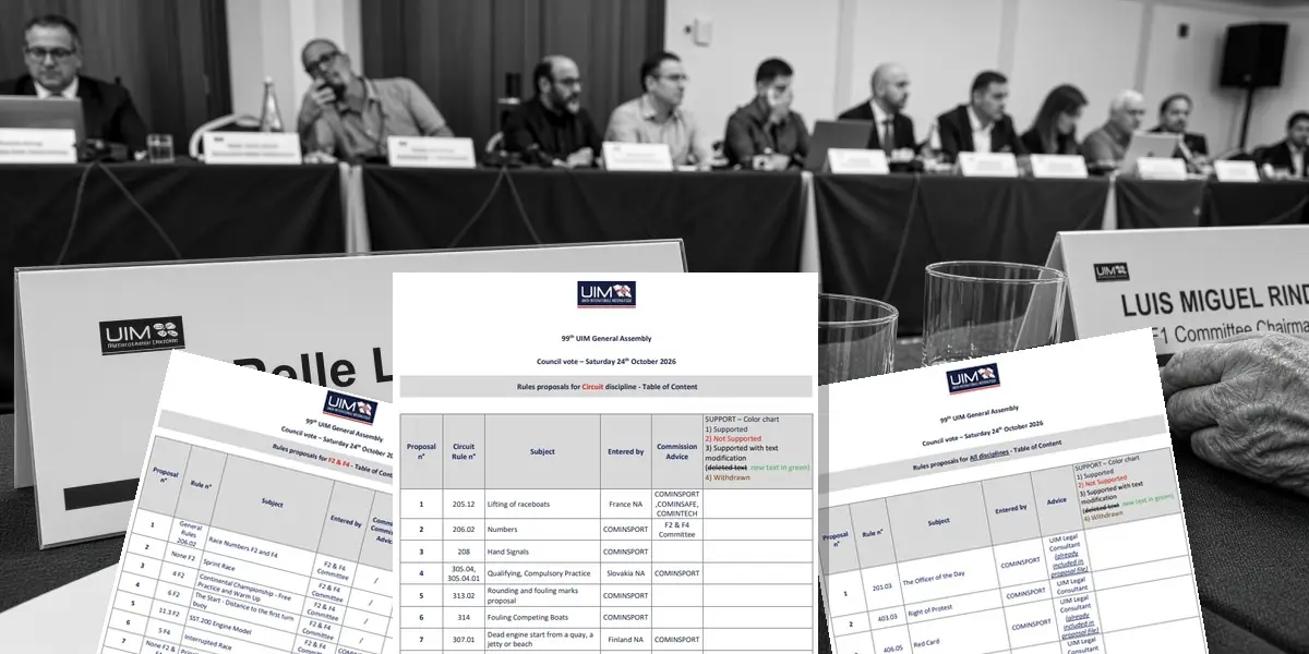 UIM Council vote rules proposals documents in front of the 99th UIM General Assembly top table in Sintra
