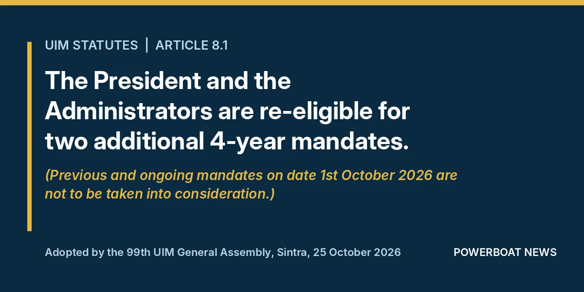 Graphic quoting amended UIM Statutes Article 8.1: the President and the Administrators are re-eligible for two additional 4-year mandates